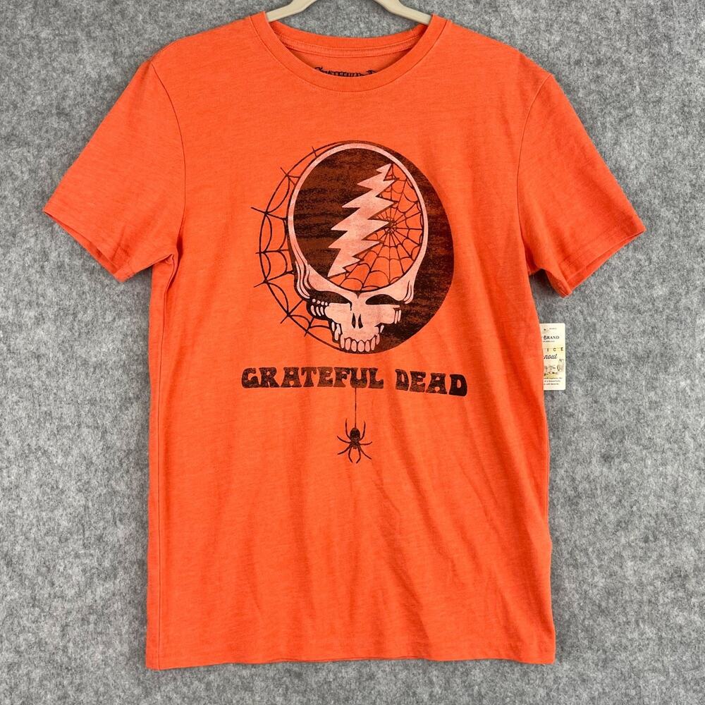 Lucky Brand Grateful Dead Web Tee Shirt Mens Small Orange Graphics Skull NEW